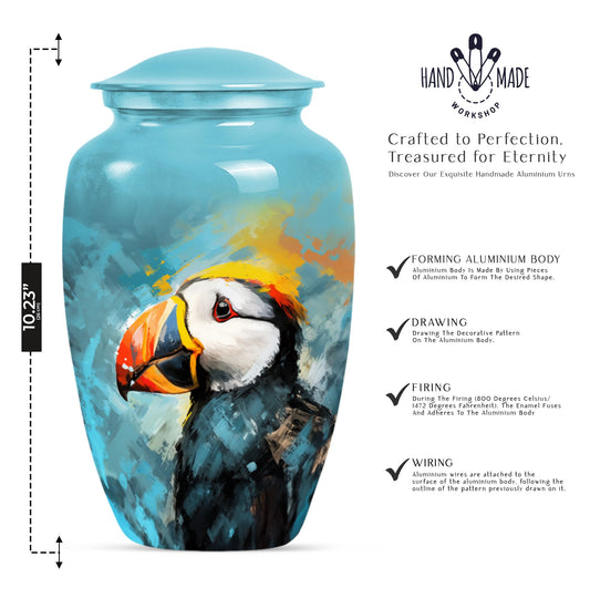 10-inch Puffin Bird Urn, classic memorial urn for adults.