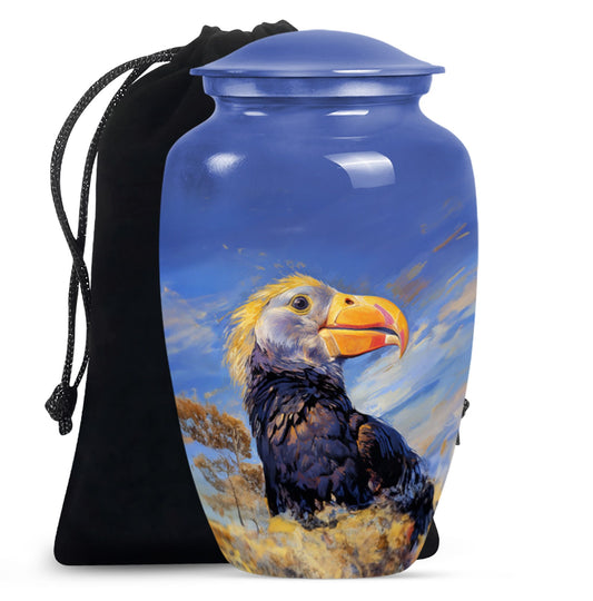 Classic 10-inch puffin bird urn for human ashes.