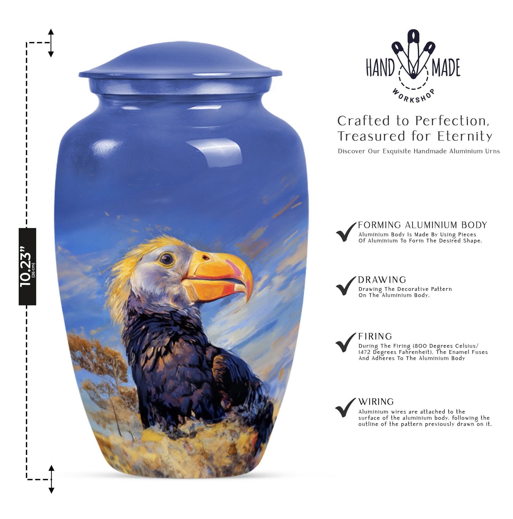 Classic 10-inch puffin bird urn for human ashes.