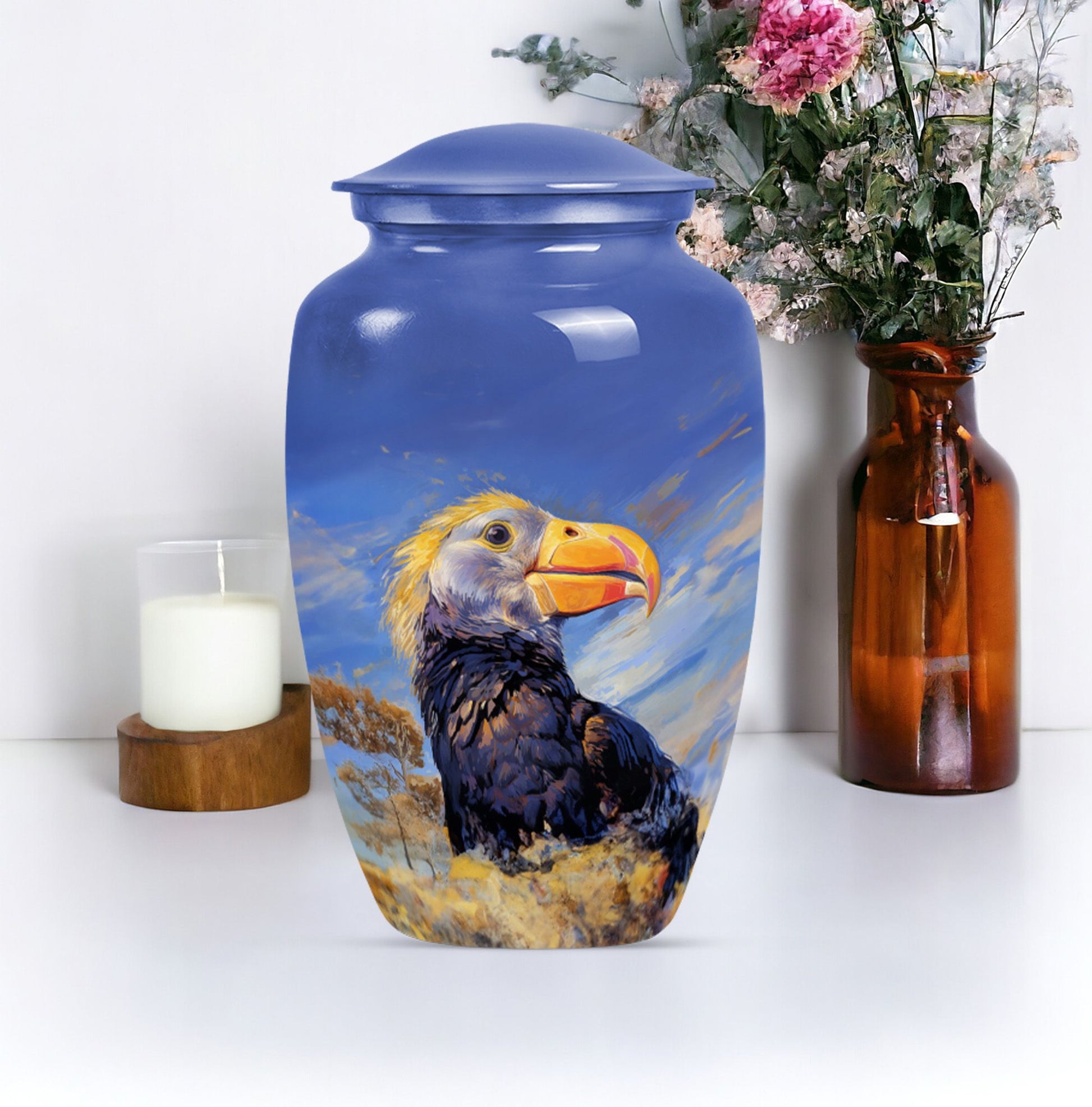 Classic 10-inch puffin bird urn for human ashes.