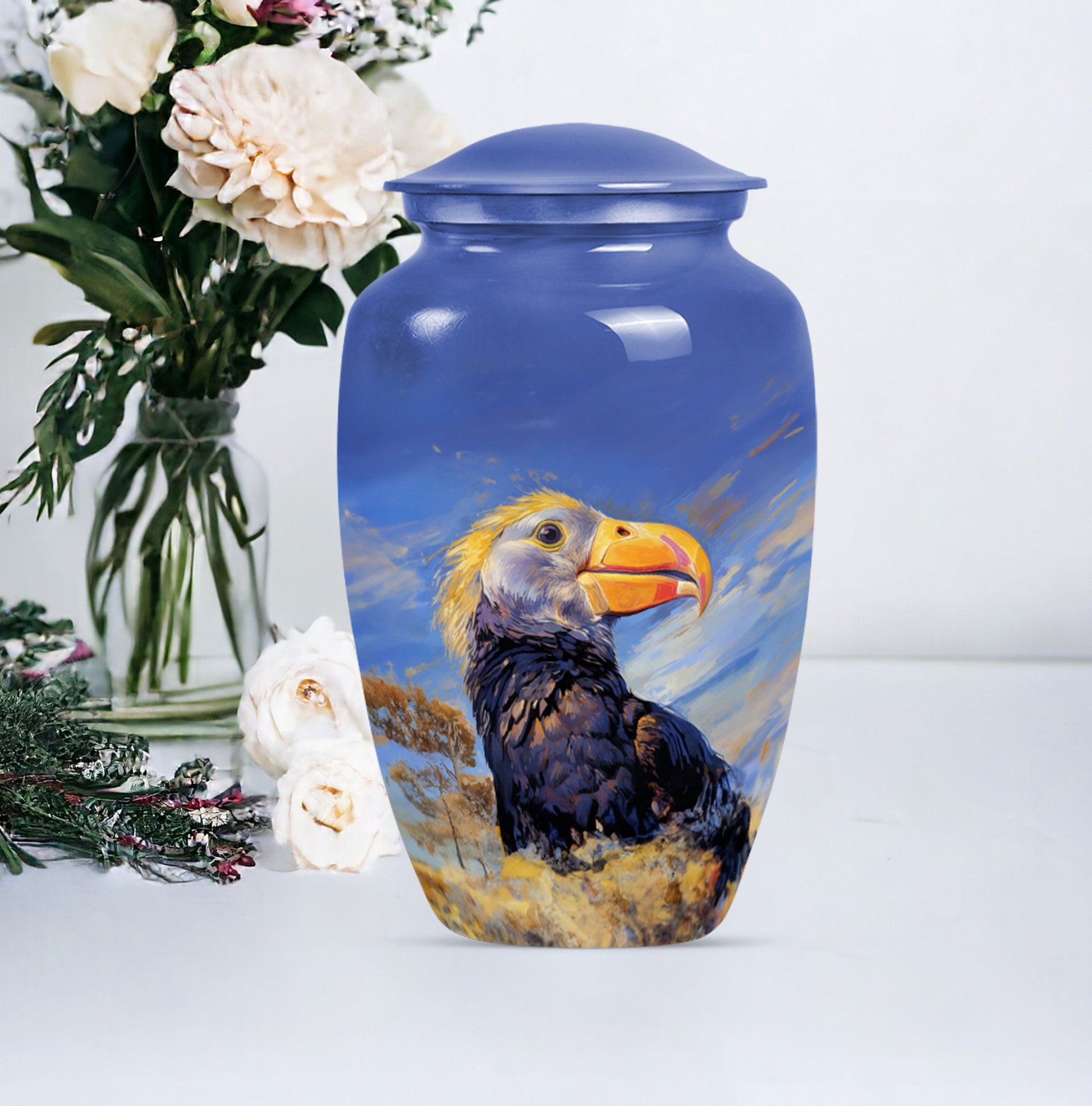 Classic 10-inch puffin bird urn for human ashes.