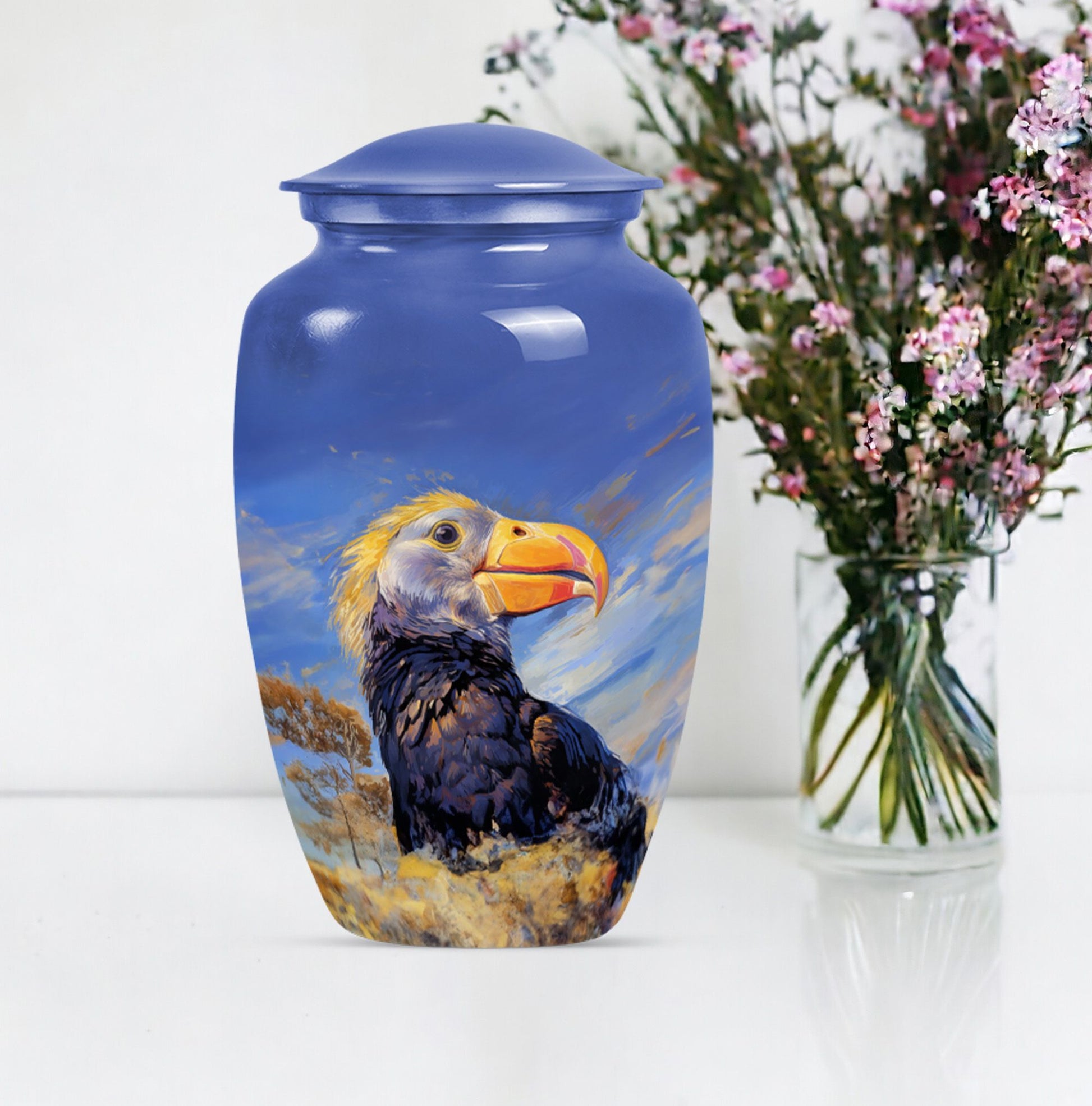 Classic 10-inch puffin bird urn for human ashes.