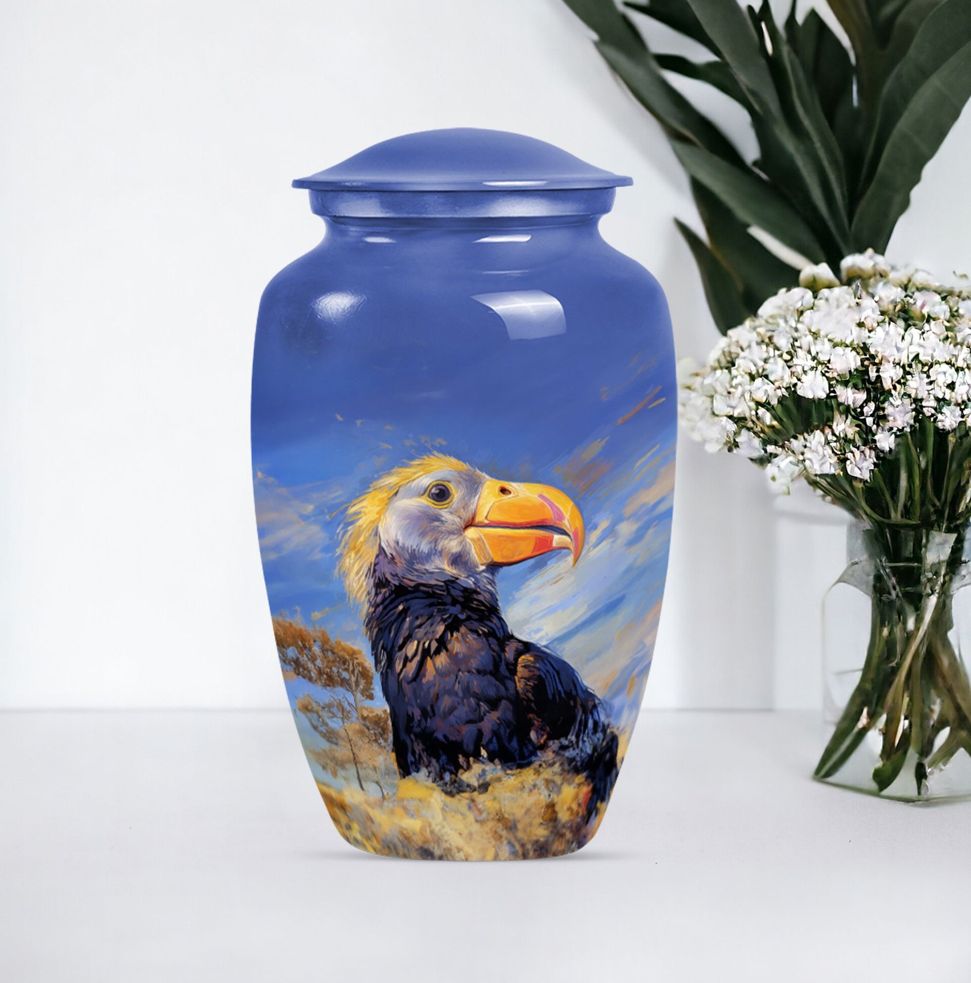 Classic 10-inch puffin bird urn for human ashes.