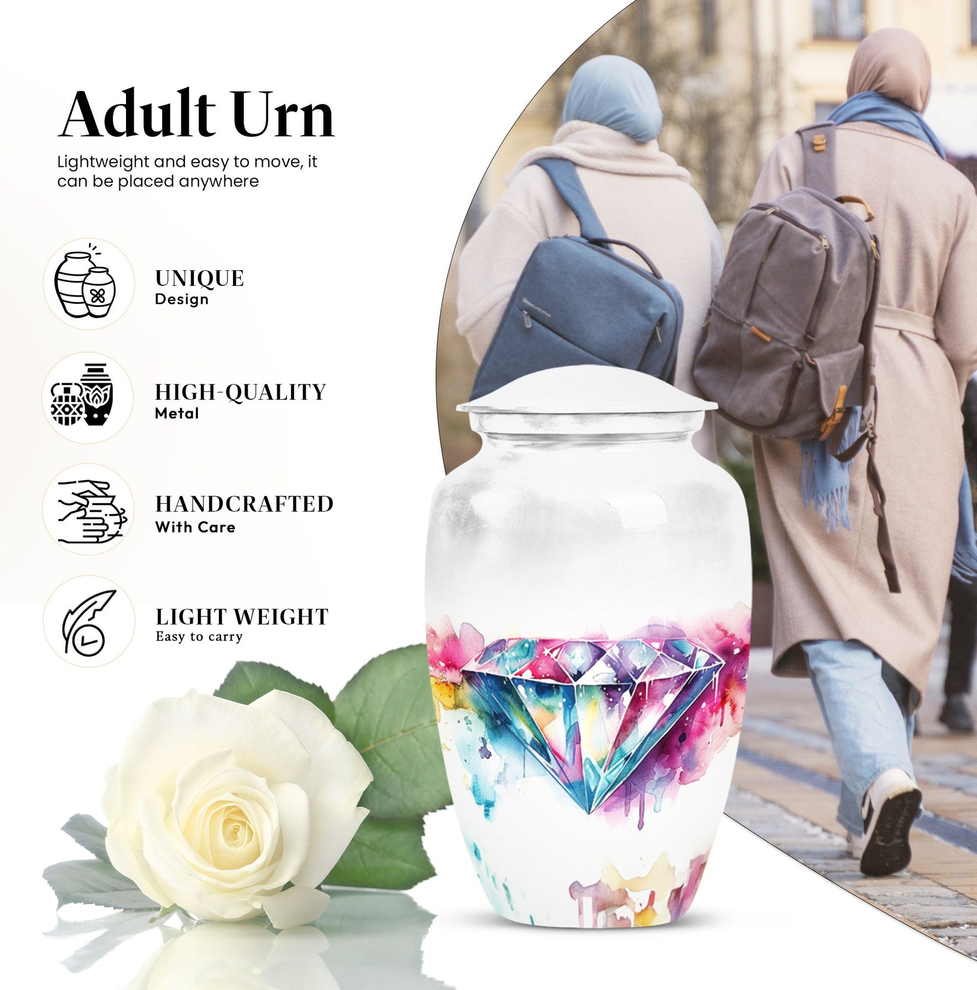 Classic 10-inch diamond urn for adult male ashes.