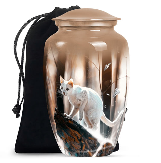 Classic 10 Inch white cat cremation urn for human ashes.