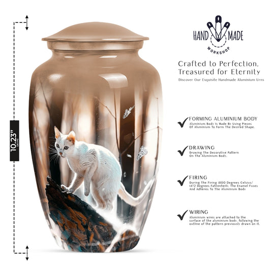 Classic 10 Inch white cat cremation urn for human ashes.