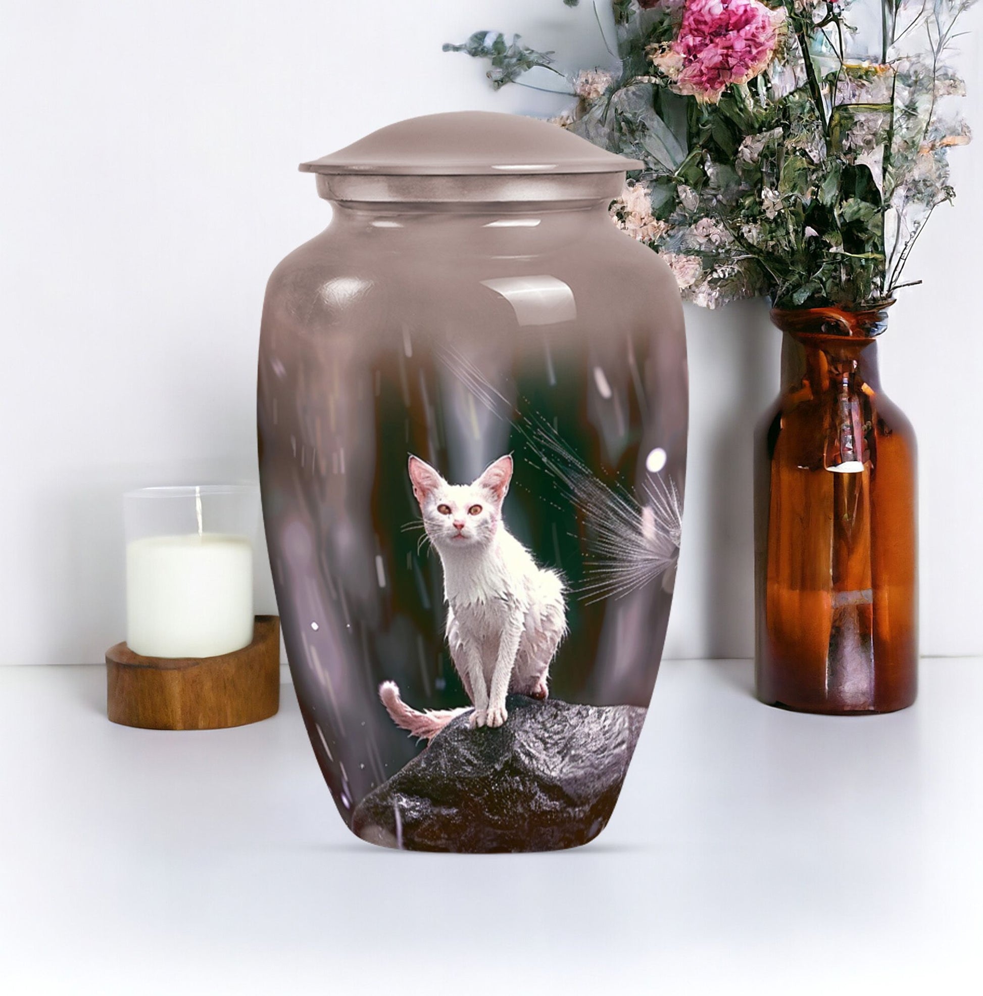 10-inch white cat memorial urn, funeral large urn