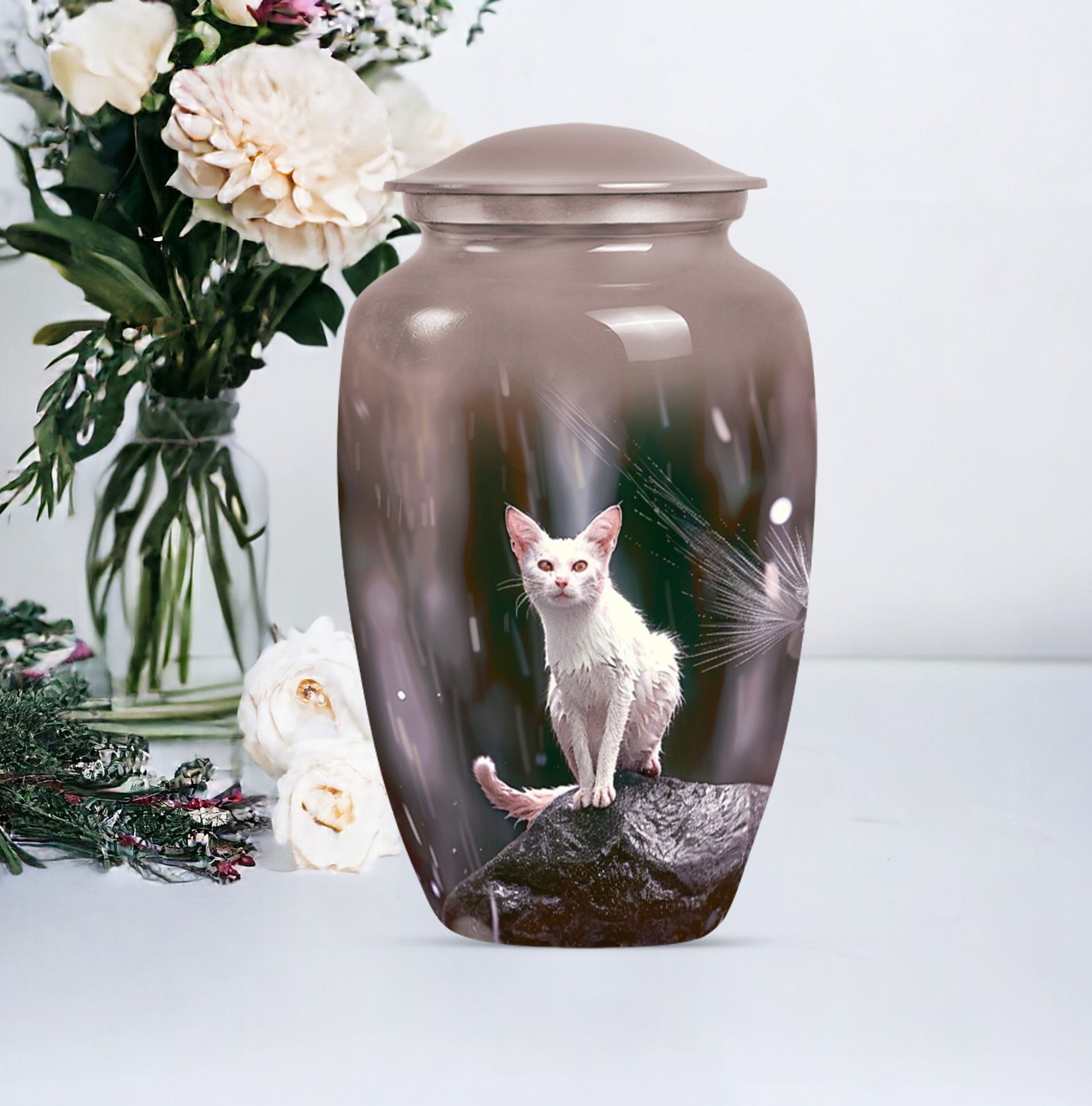 10-inch white cat memorial urn, funeral large urn