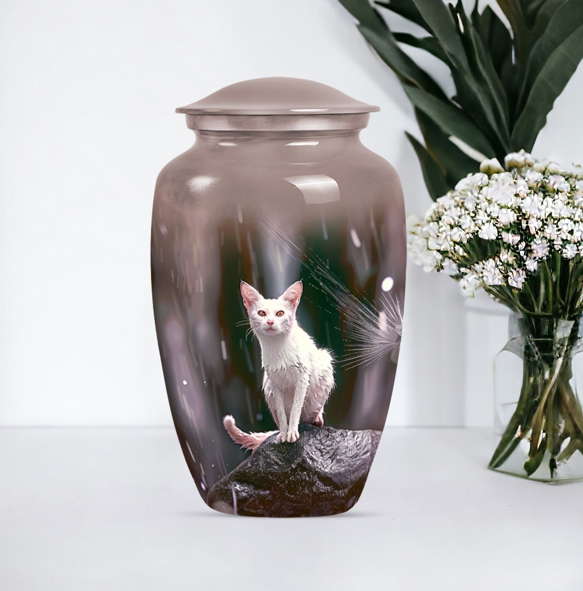 10-inch white cat memorial urn, funeral large urn