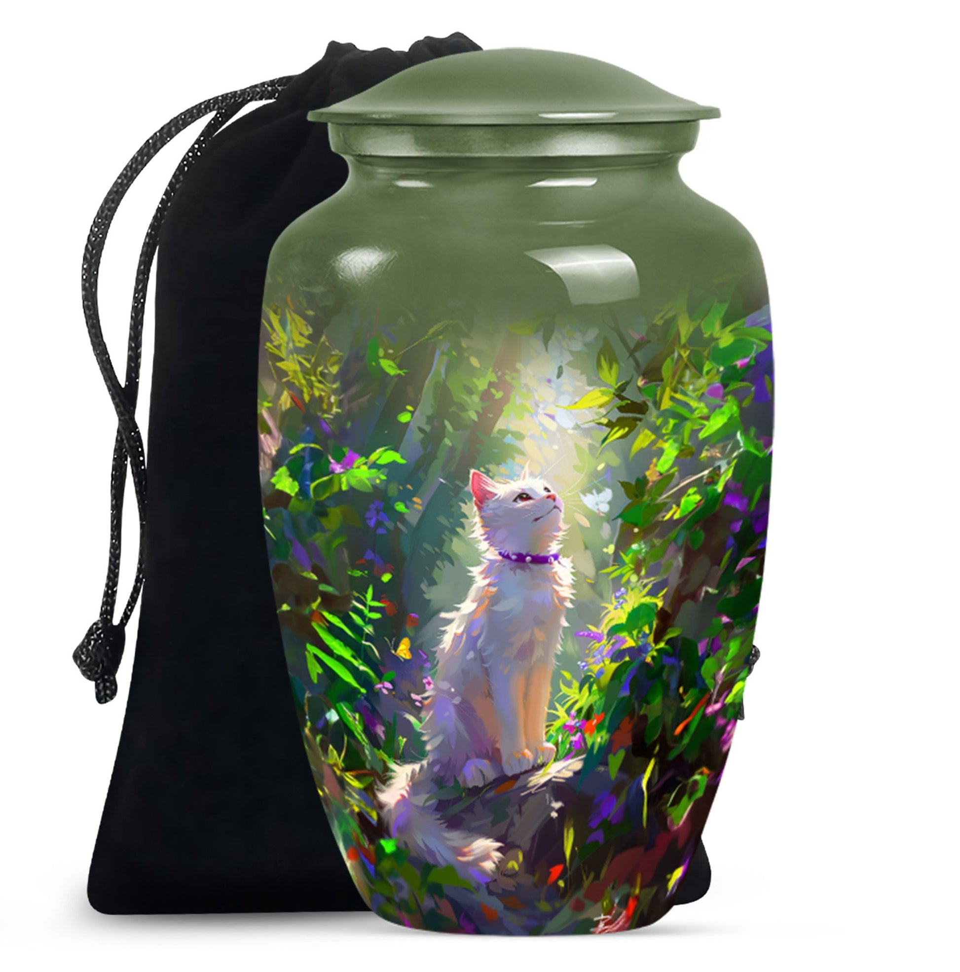 white cat-themed aluminium cremation urn.