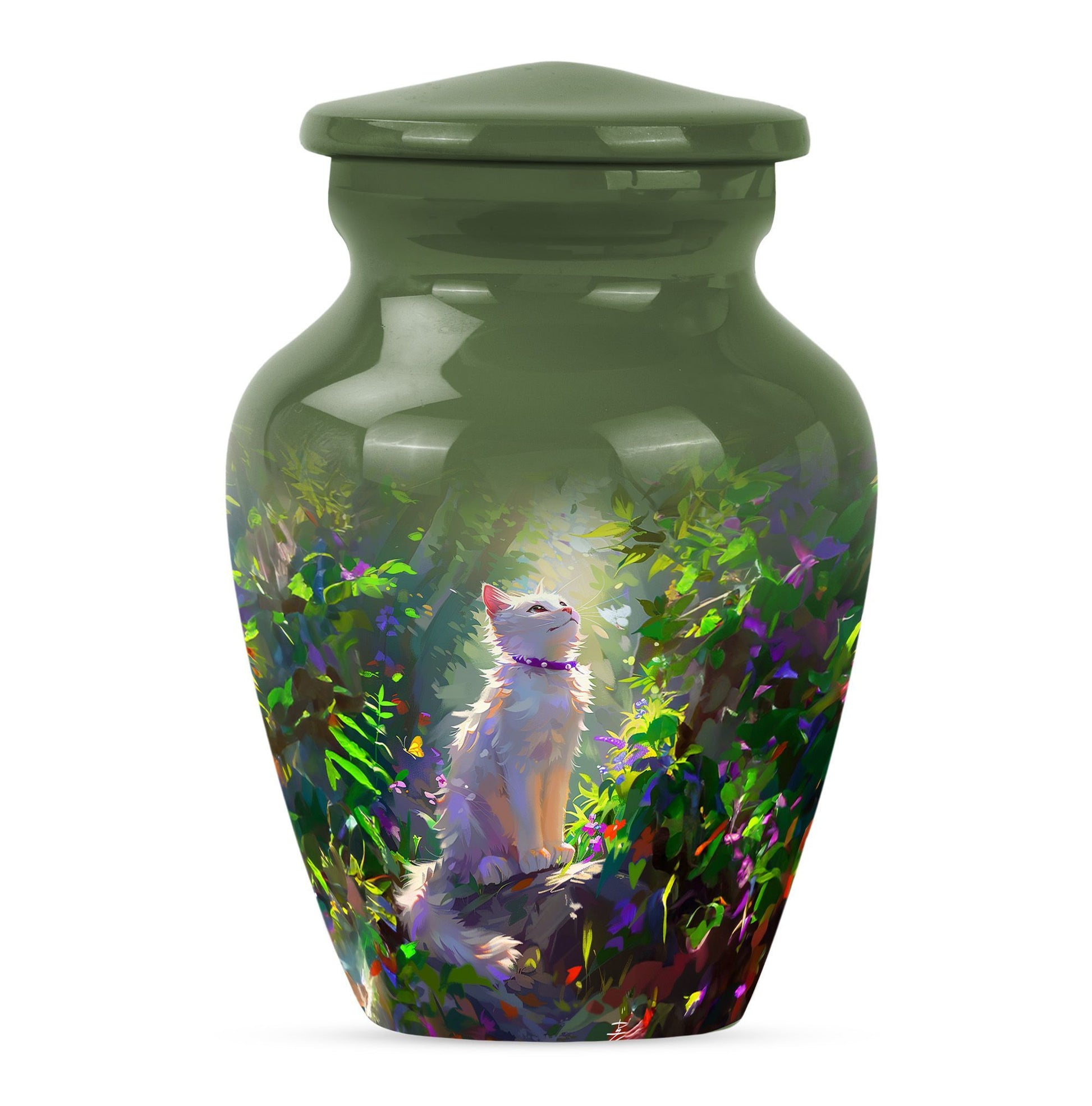 white cat-themed aluminium cremation urn.