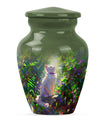 white cat-themed aluminium cremation urn.