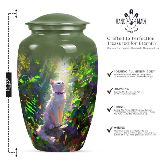 white cat-themed aluminium cremation urn.