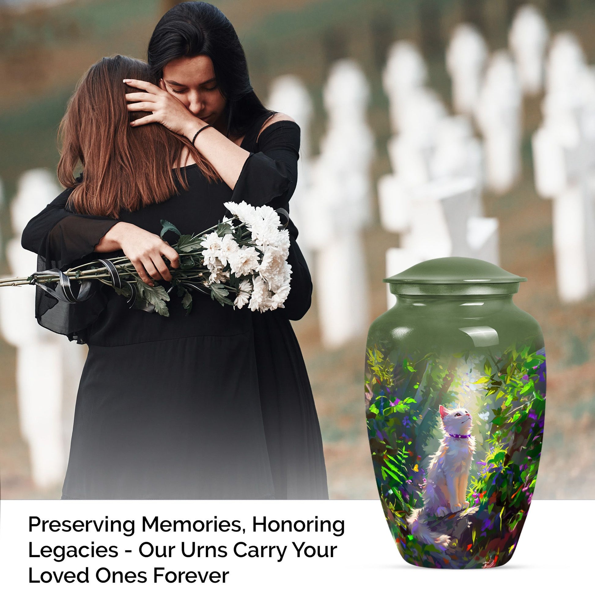 white cat-themed aluminium cremation urn.