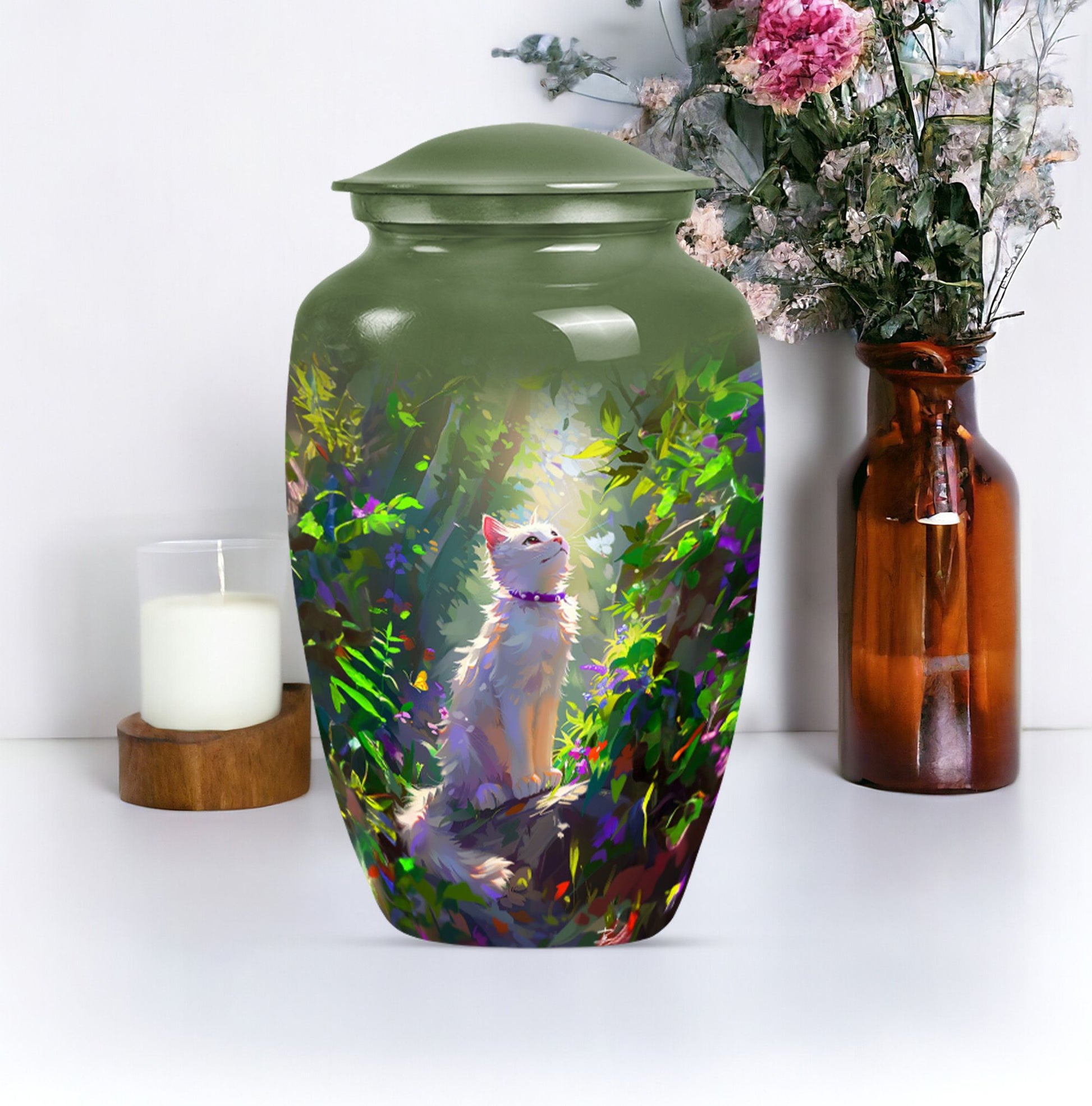 white cat-themed aluminium cremation urn.