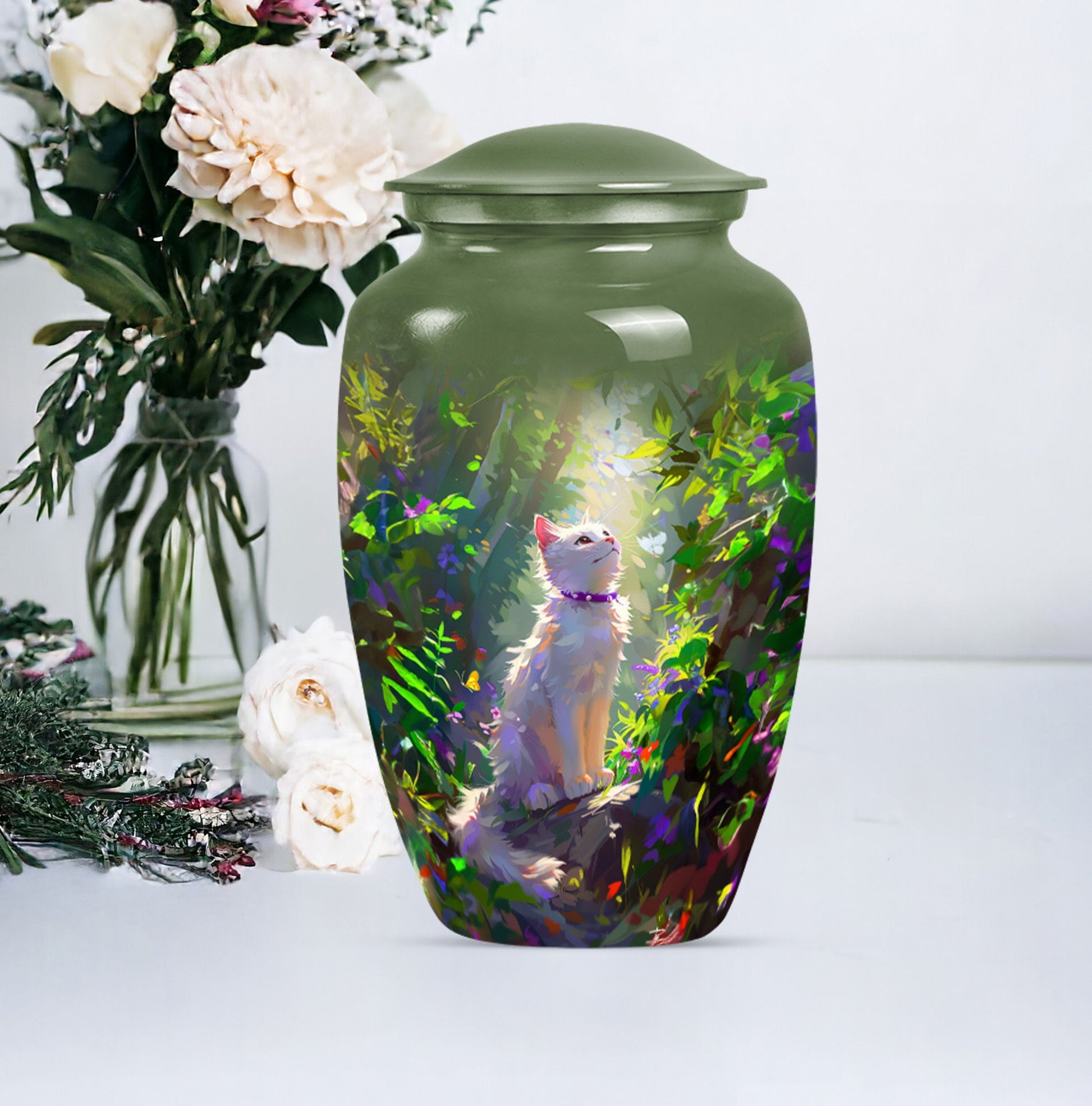 white cat-themed aluminium cremation urn.