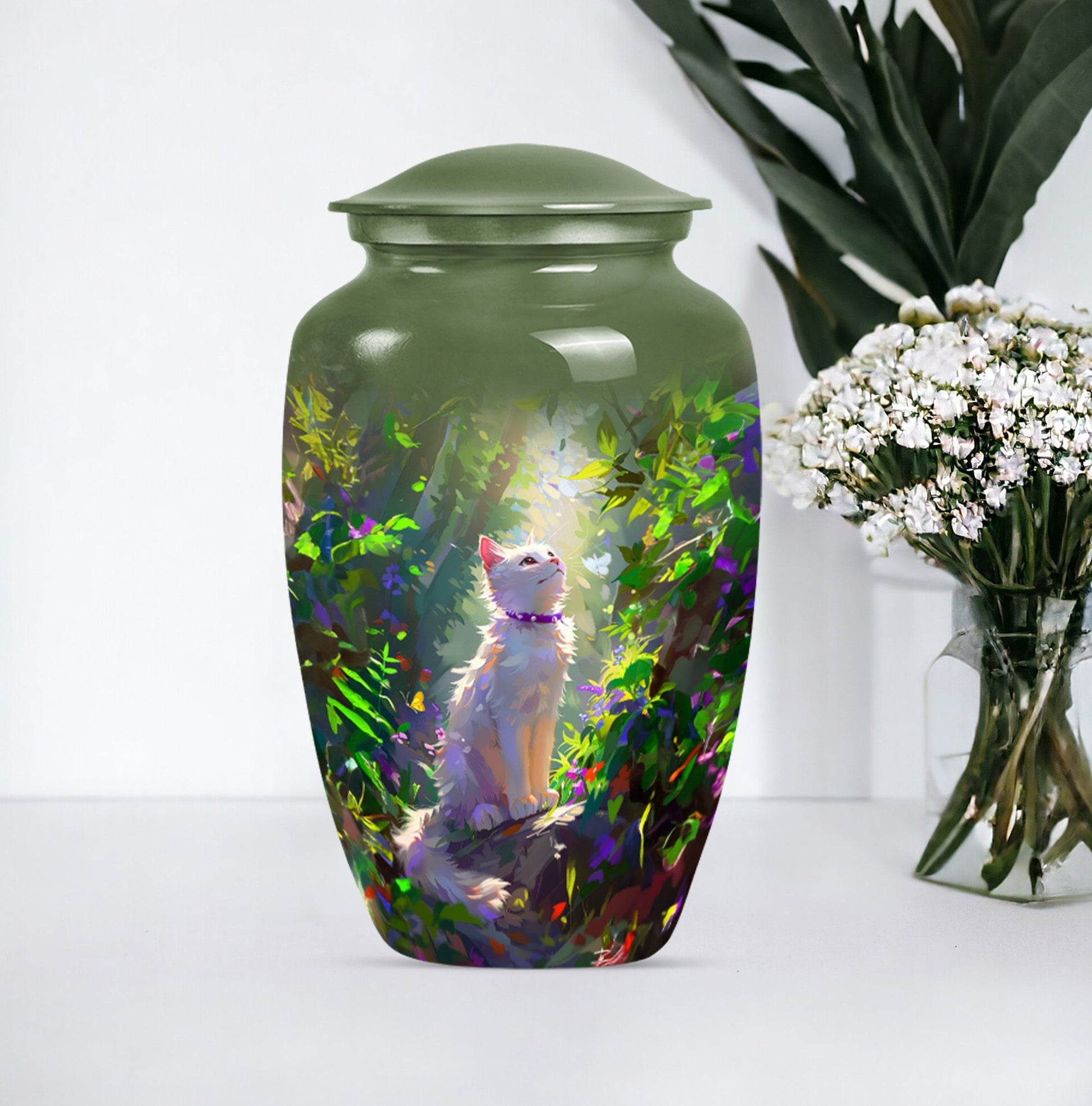 white cat-themed aluminium cremation urn.