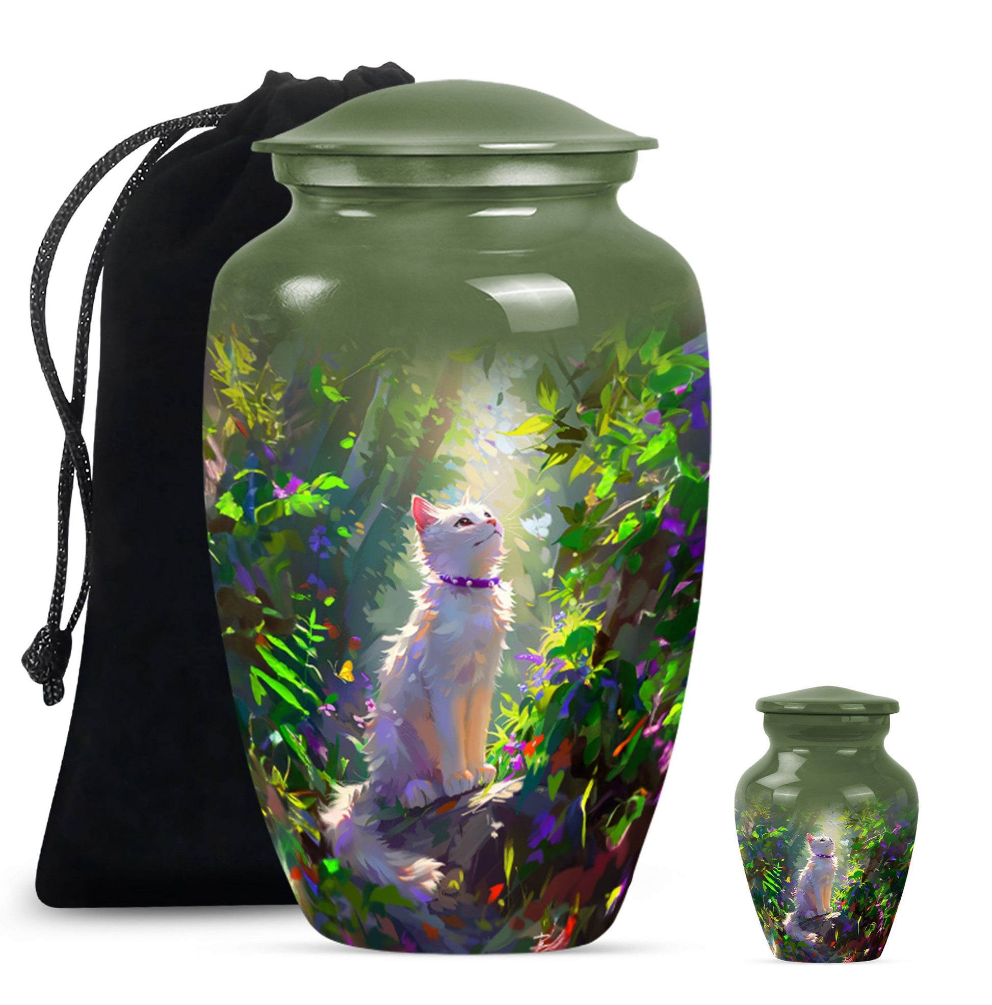 white cat-themed aluminium cremation urn.