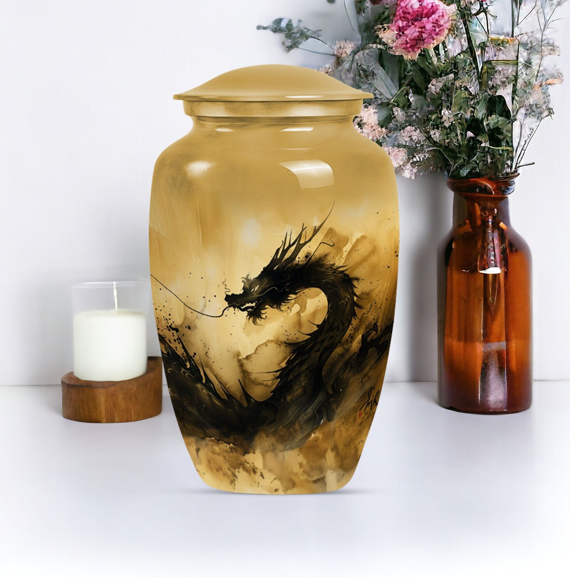 Classic dragon urn in aluminium, large-sized burial urn.