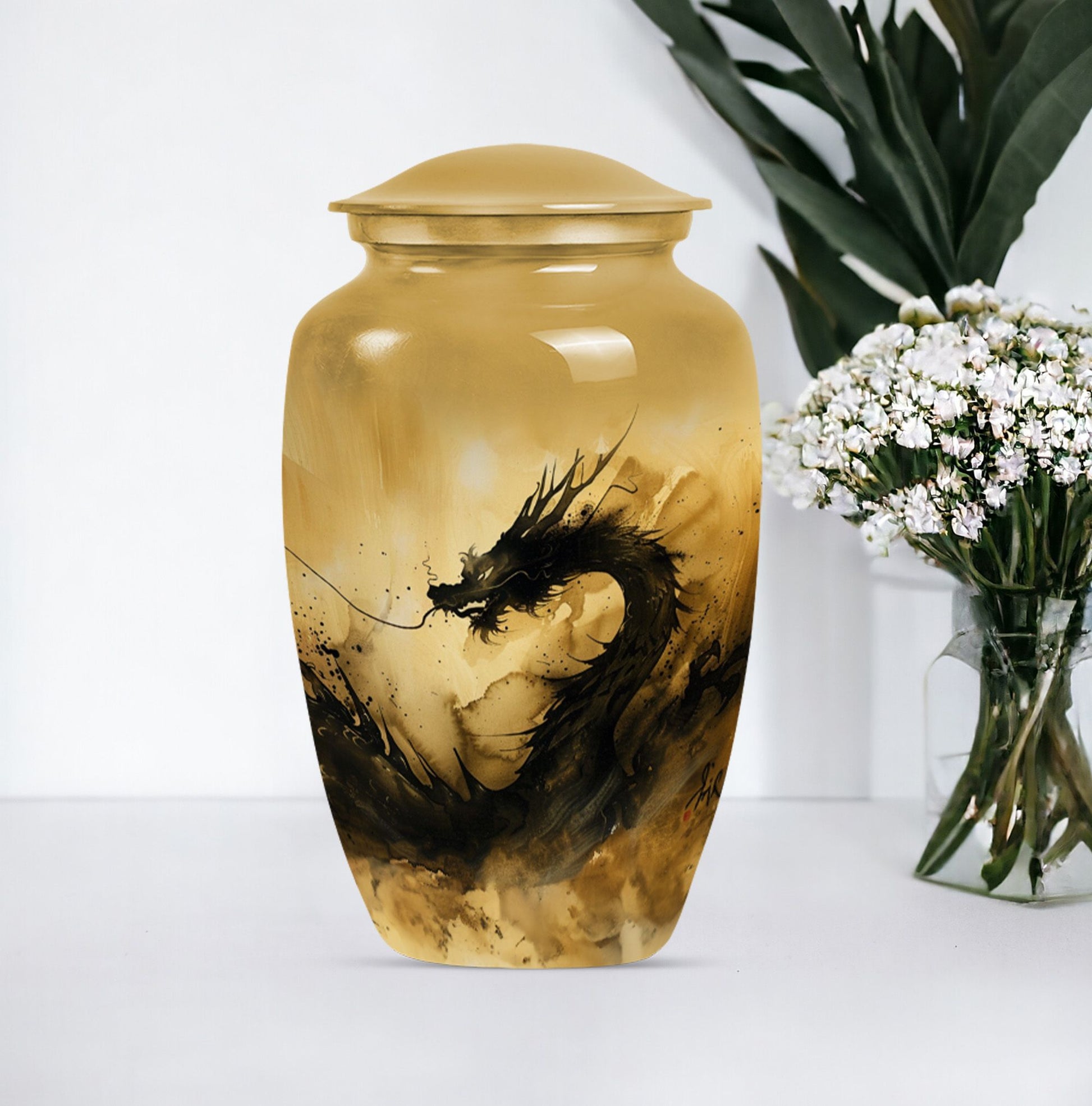 Classic dragon urn in aluminium, large-sized burial urn.