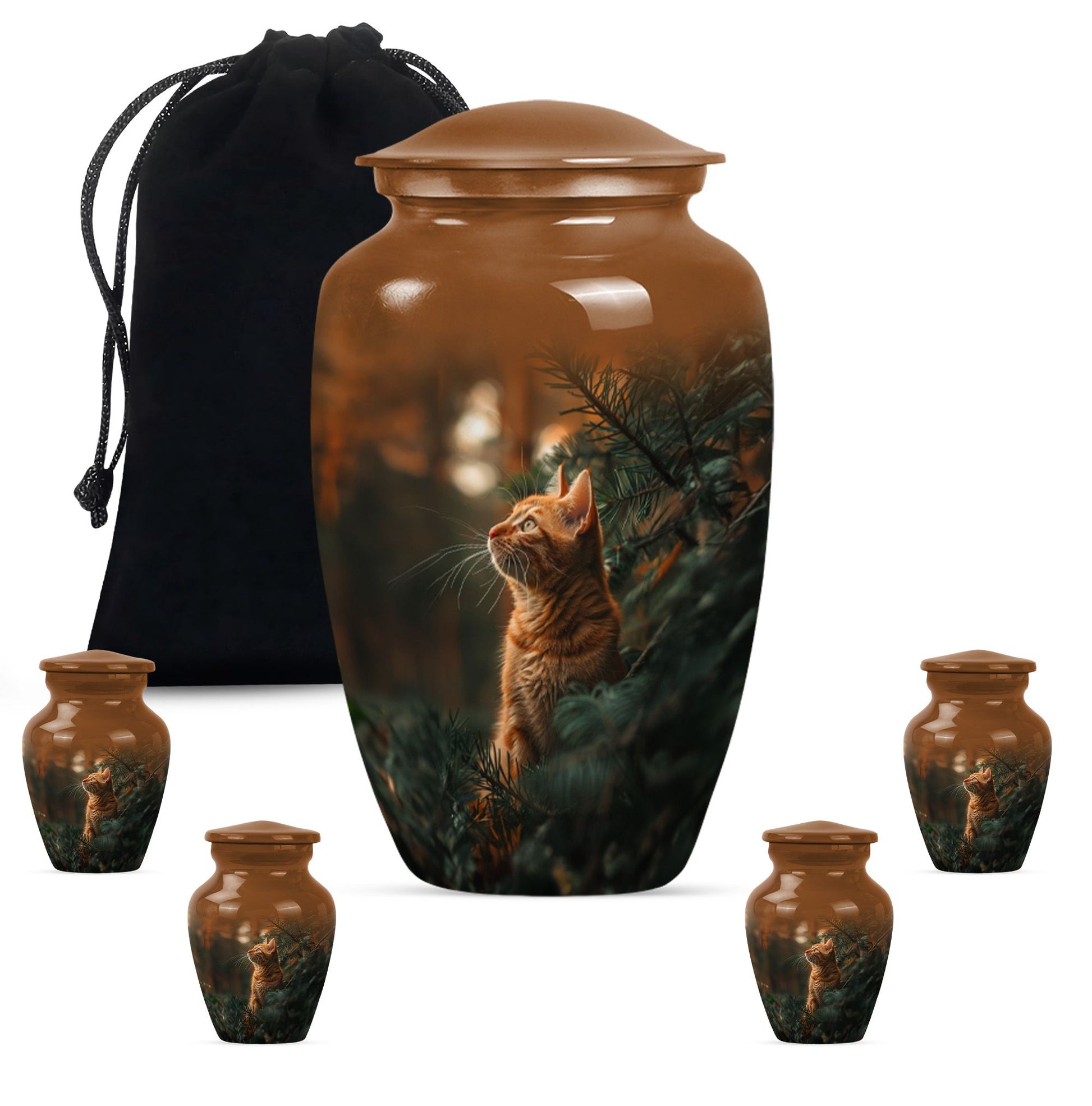 10-inch orange cat funeral urn with abstract design.