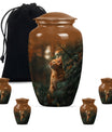 10-inch orange cat funeral urn with abstract design.