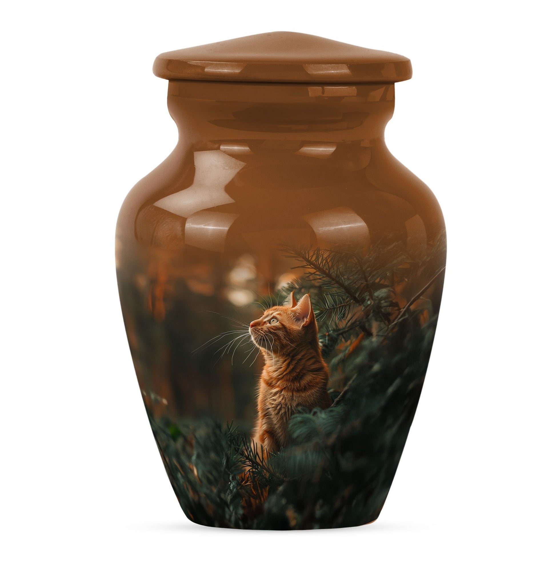 10-inch orange cat funeral urn with abstract design.