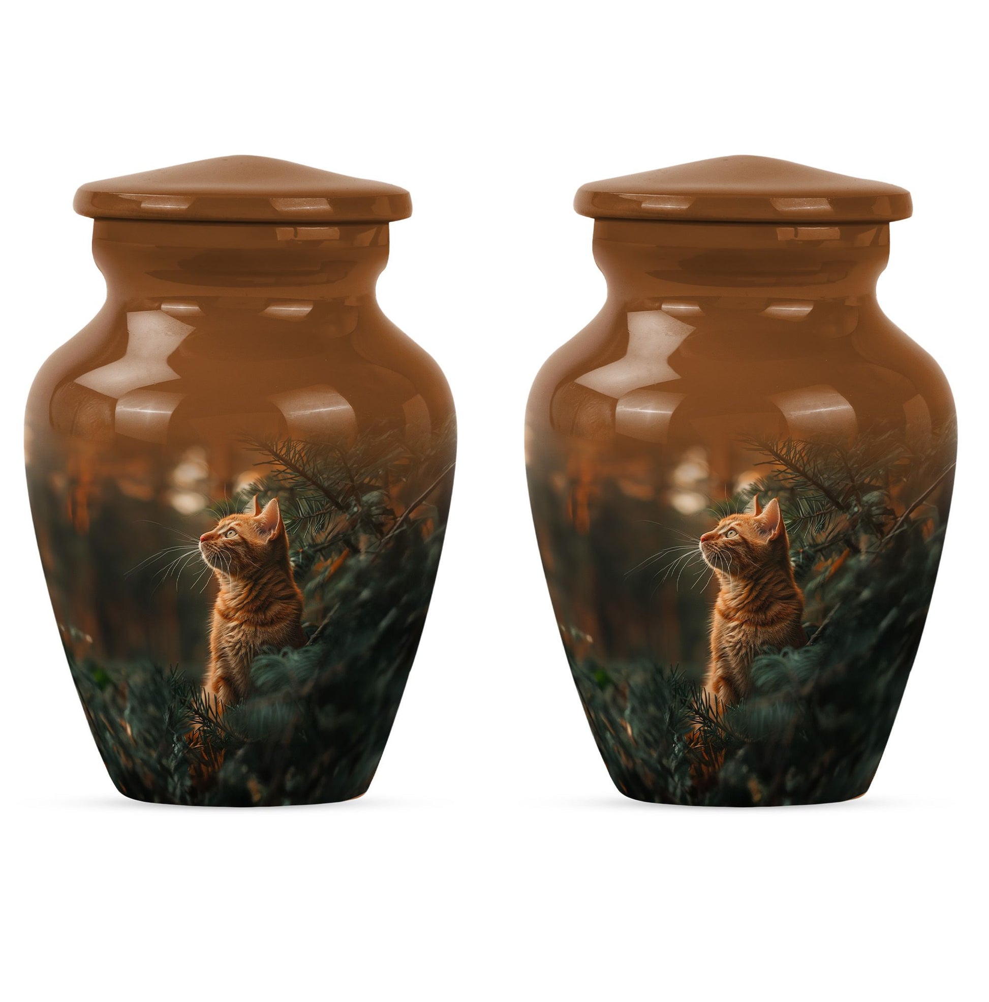 10-inch orange cat funeral urn with abstract design.