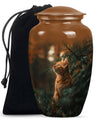 10-inch orange cat funeral urn with abstract design.