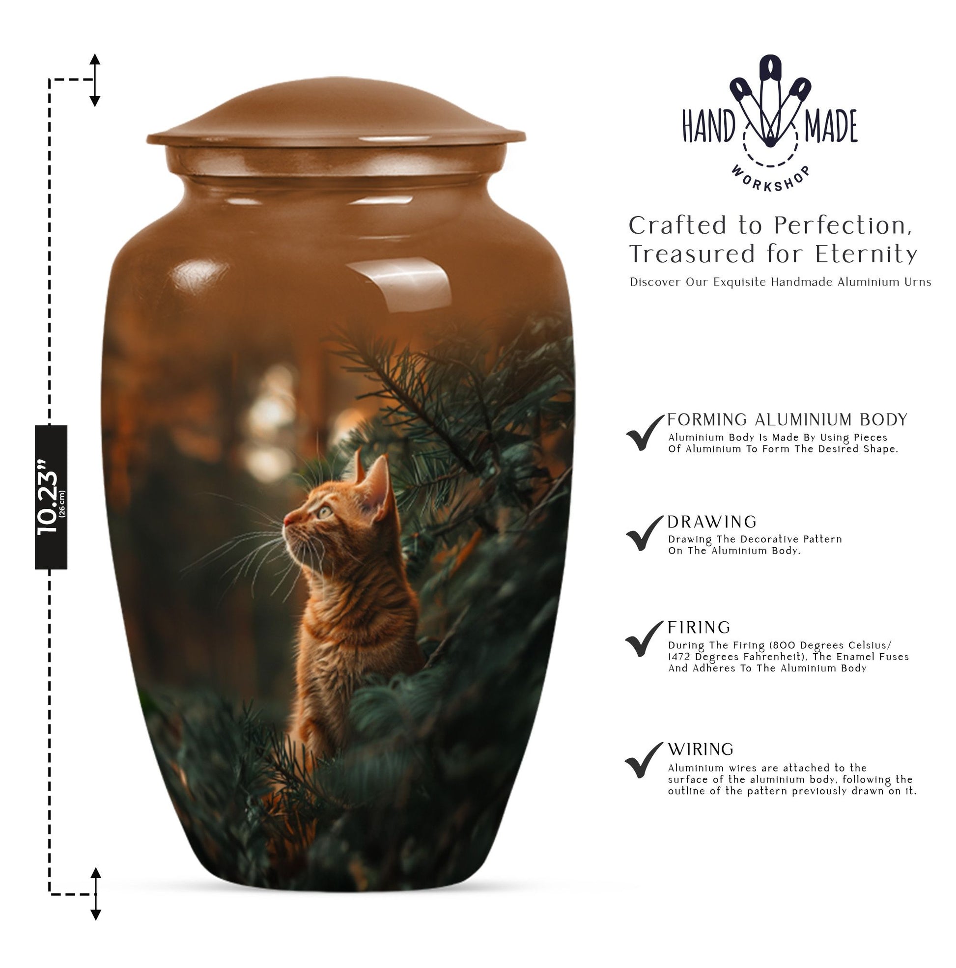 10-inch orange cat funeral urn with abstract design.