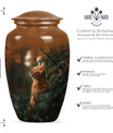 10-inch orange cat funeral urn with abstract design.