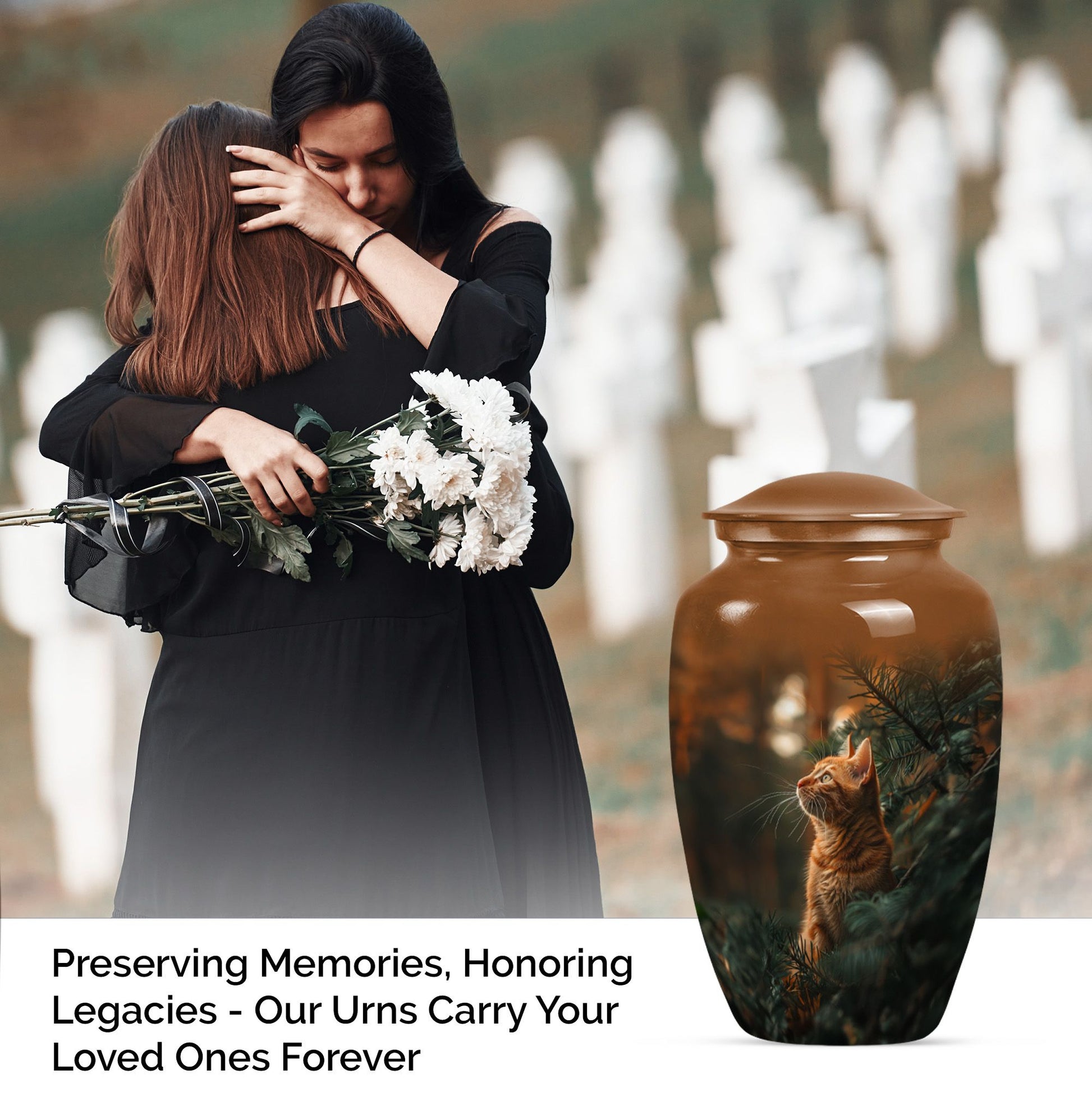 10-inch orange cat funeral urn with abstract design.