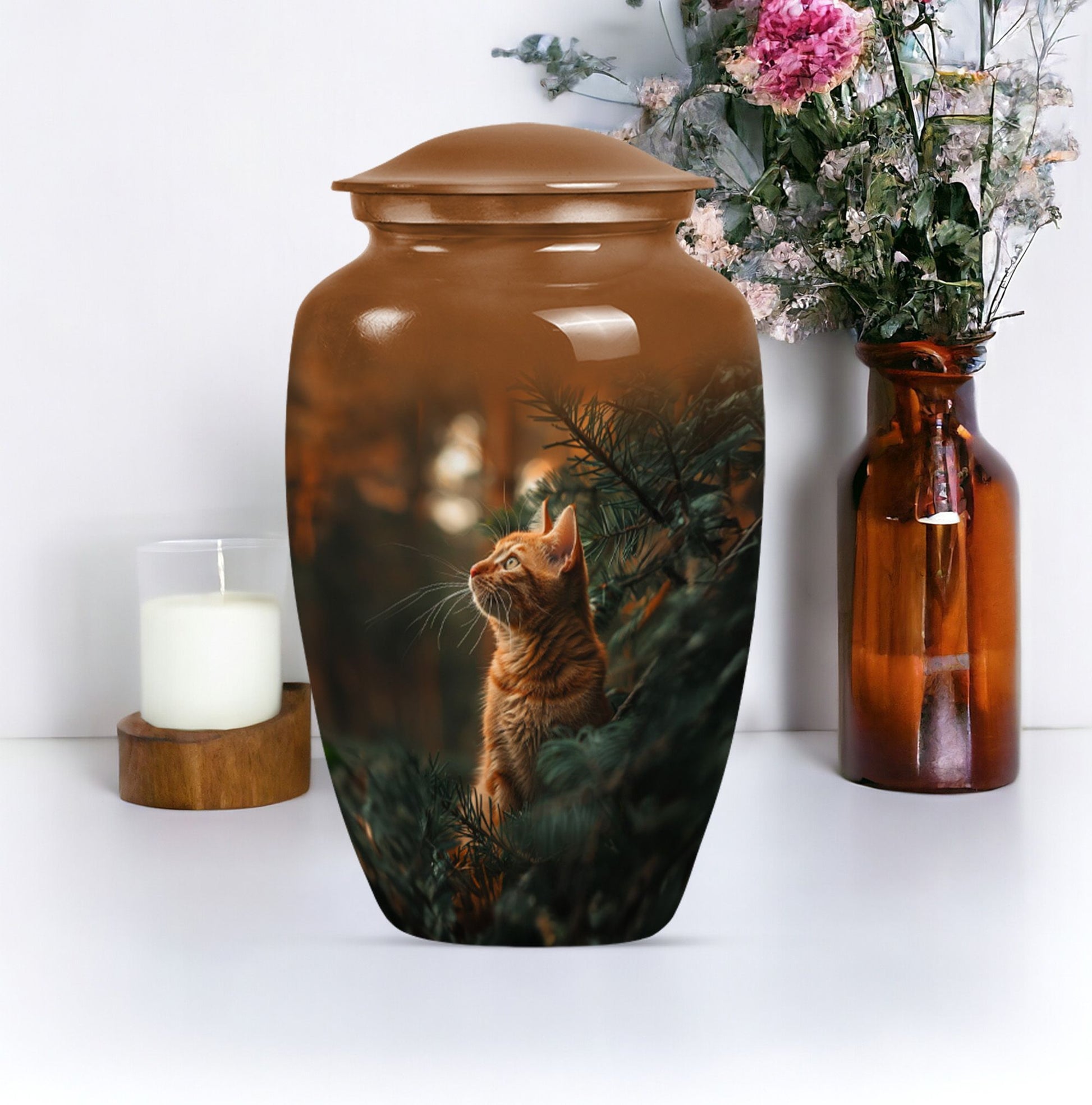 10-inch orange cat funeral urn with abstract design.