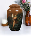 10-inch orange cat funeral urn with abstract design.