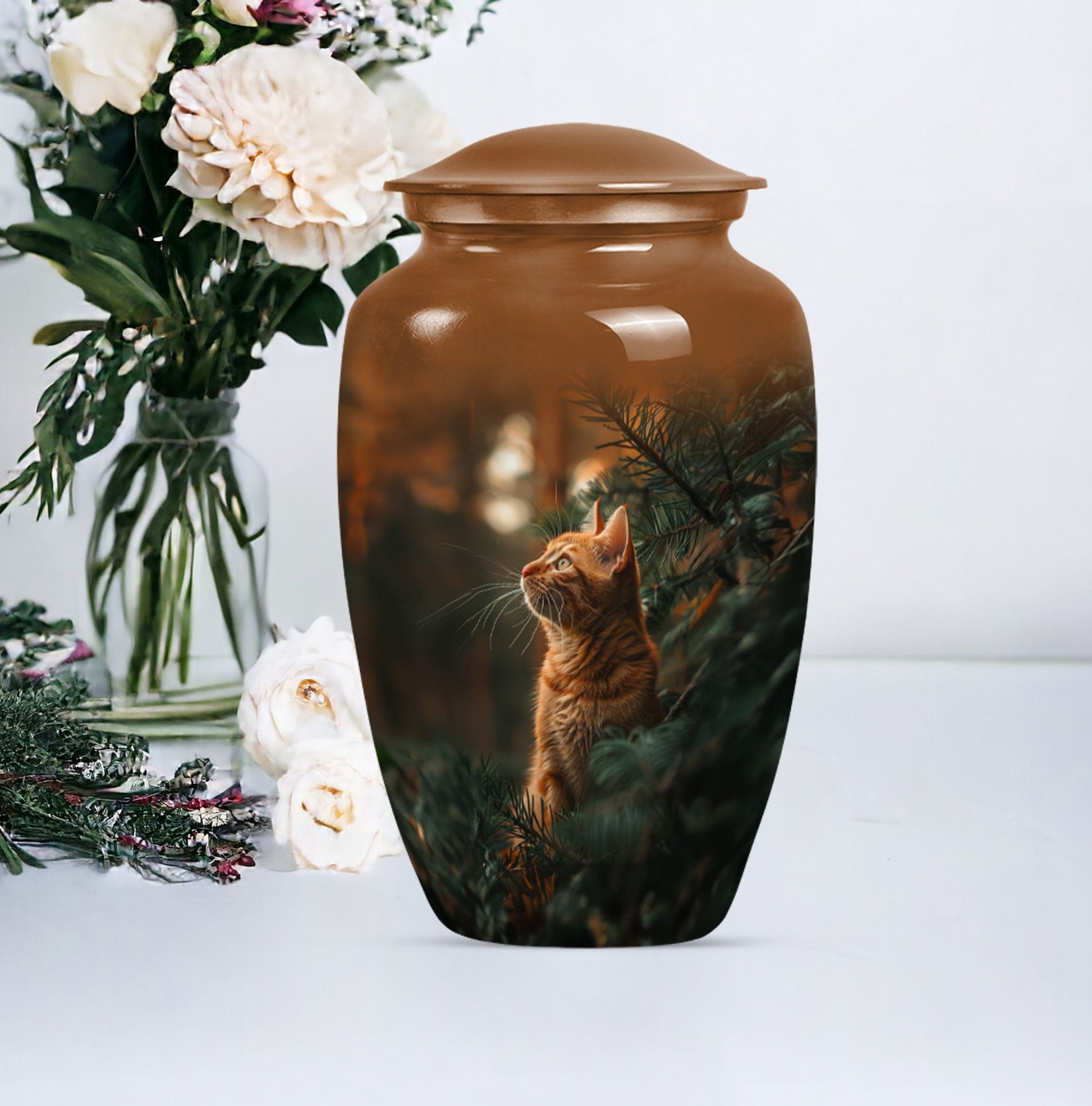 10-inch orange cat funeral urn with abstract design.