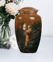 10-inch orange cat funeral urn with abstract design.