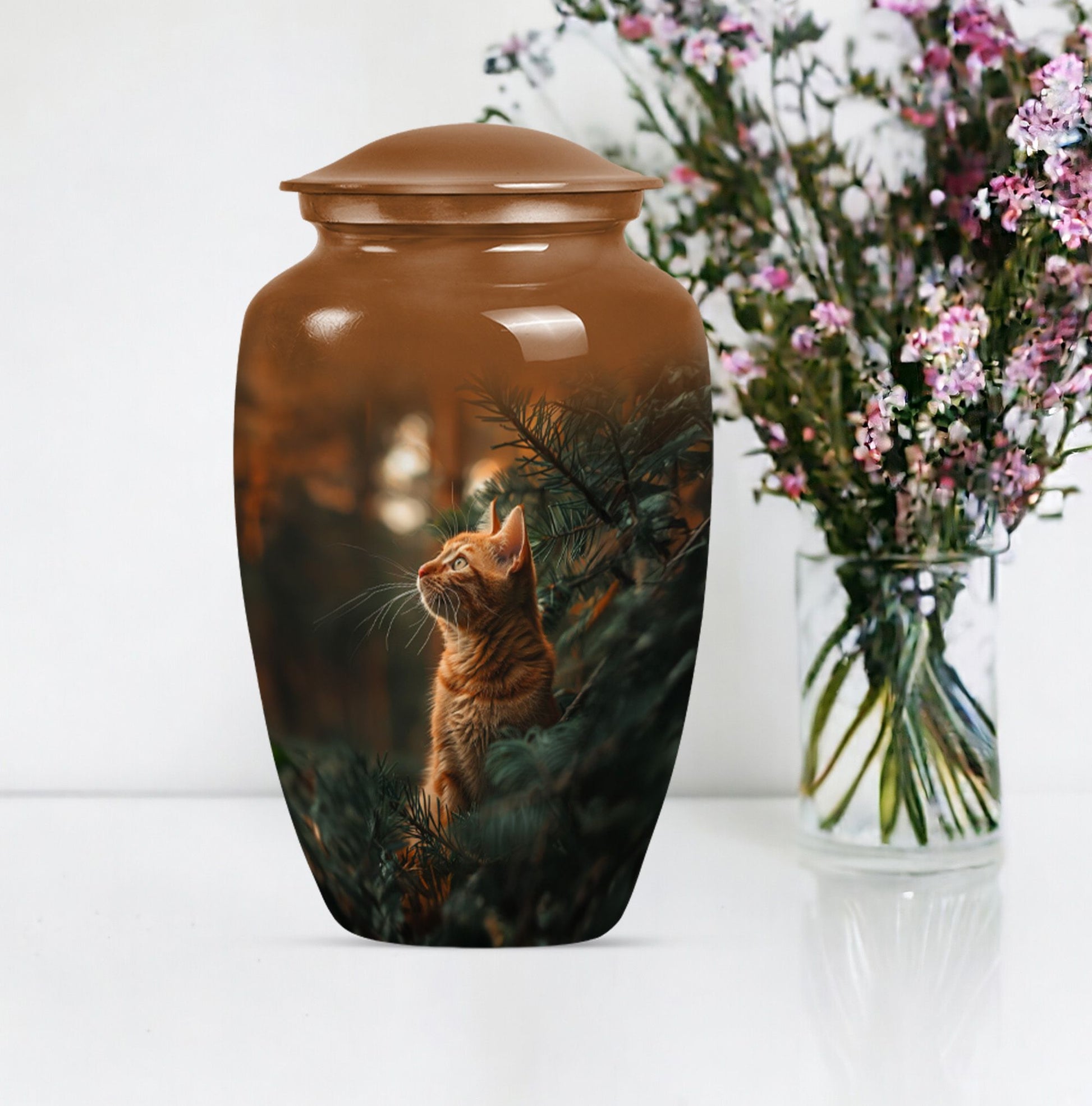 10-inch orange cat funeral urn with abstract design.