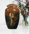 10-inch orange cat funeral urn with abstract design.