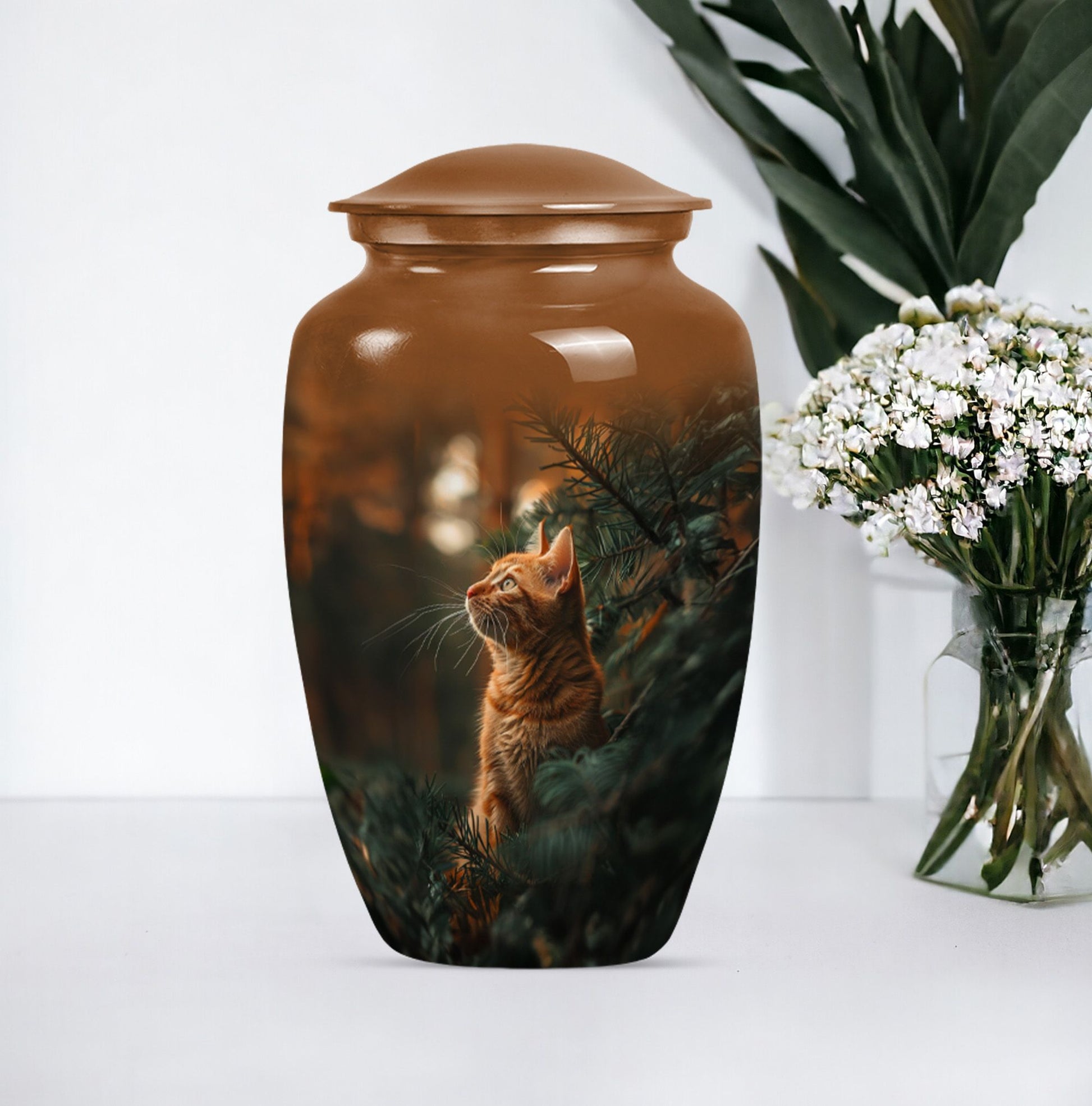 10-inch orange cat funeral urn with abstract design.