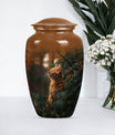 10-inch orange cat funeral urn with abstract design.