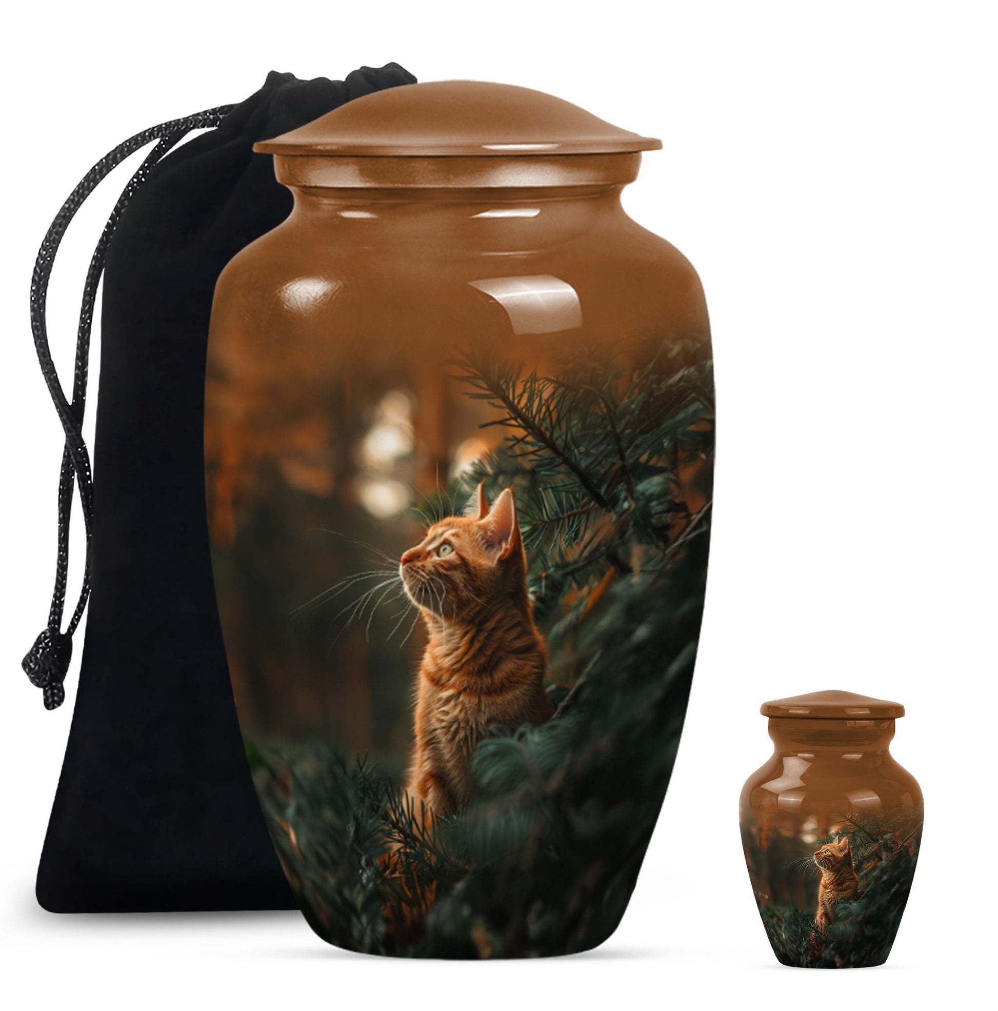 10-inch orange cat funeral urn with abstract design.