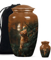 10-inch orange cat funeral urn with abstract design.