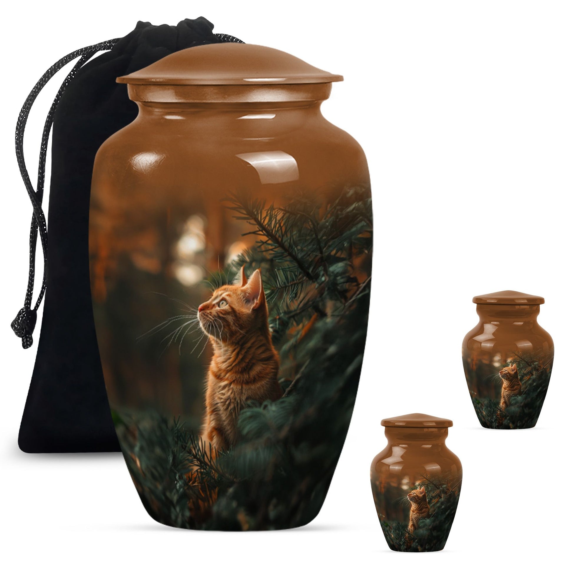 10-inch orange cat funeral urn with abstract design.