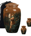 10-inch orange cat funeral urn with abstract design.