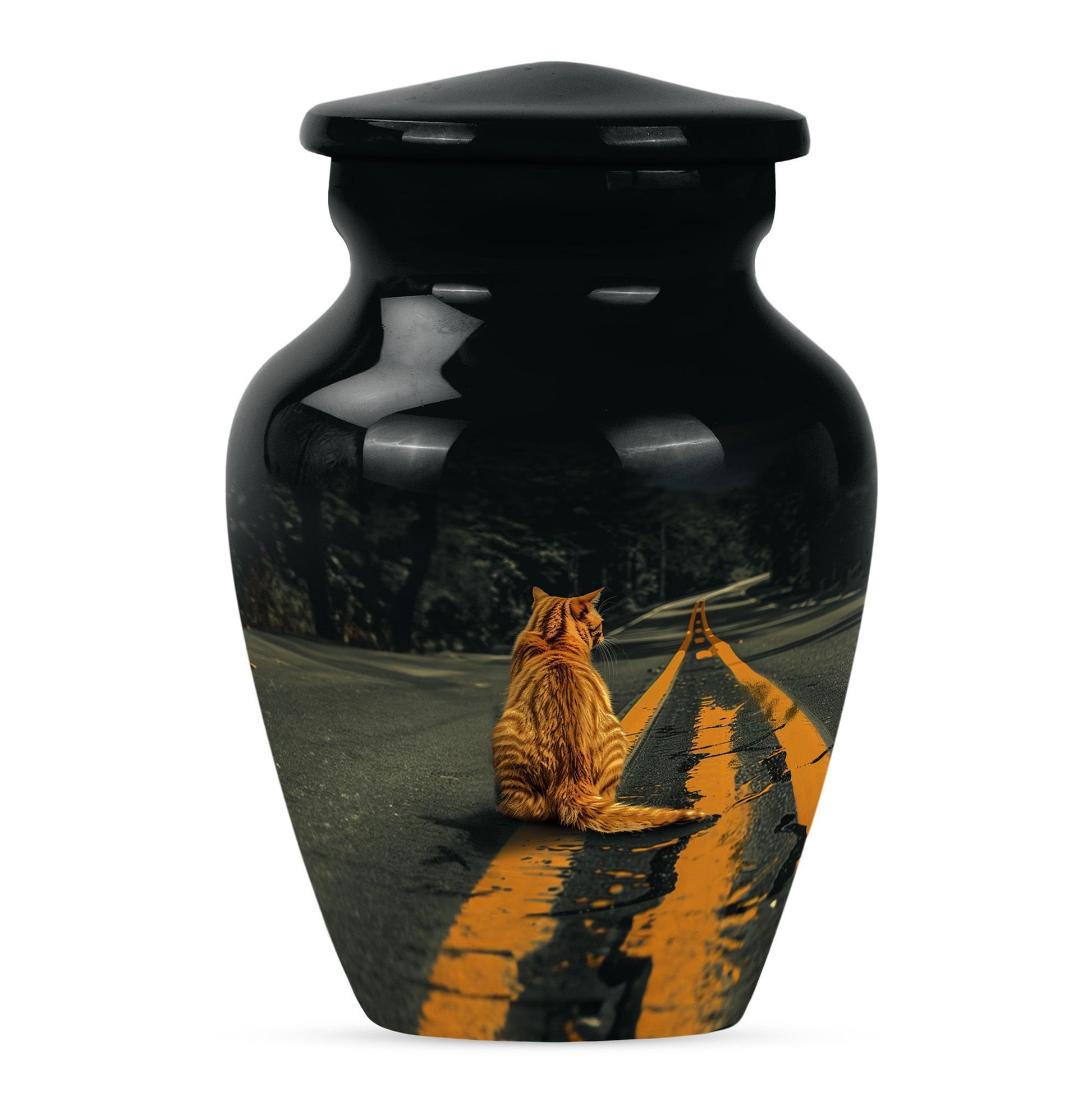 10-inch classic orange cat urn made of aluminium.