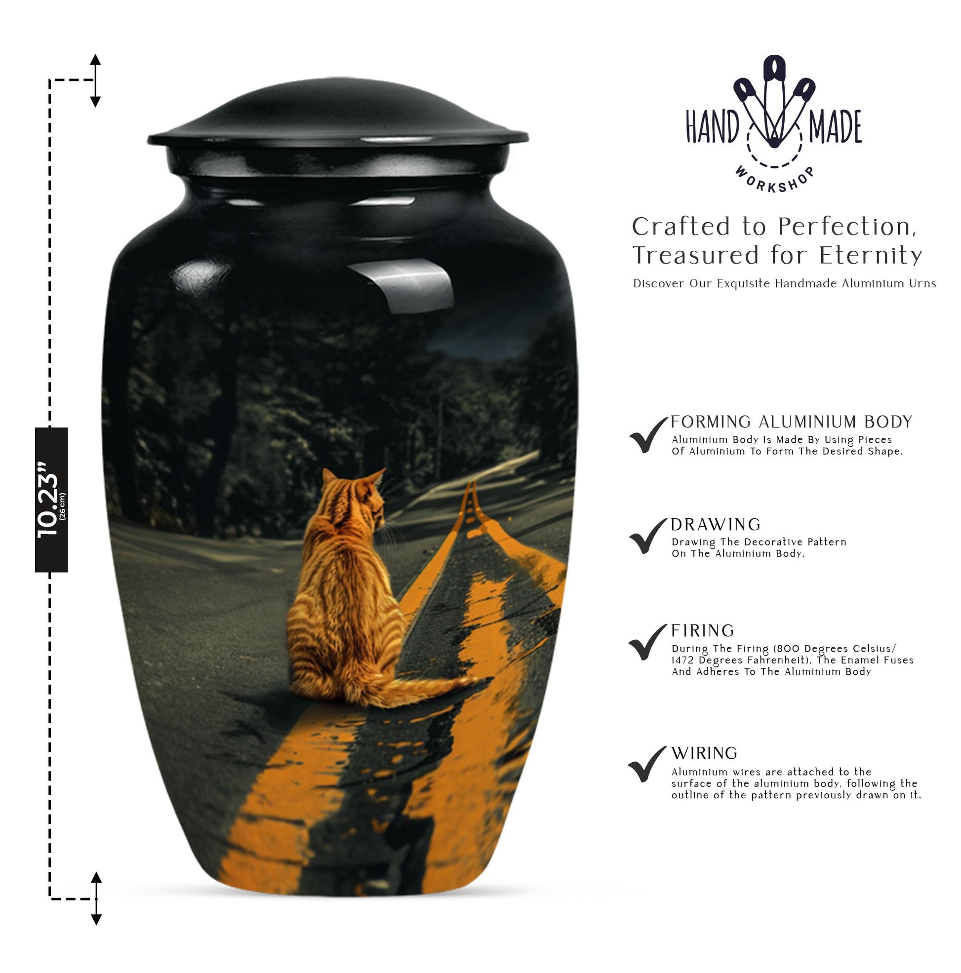 10-inch classic orange cat urn made of aluminium.