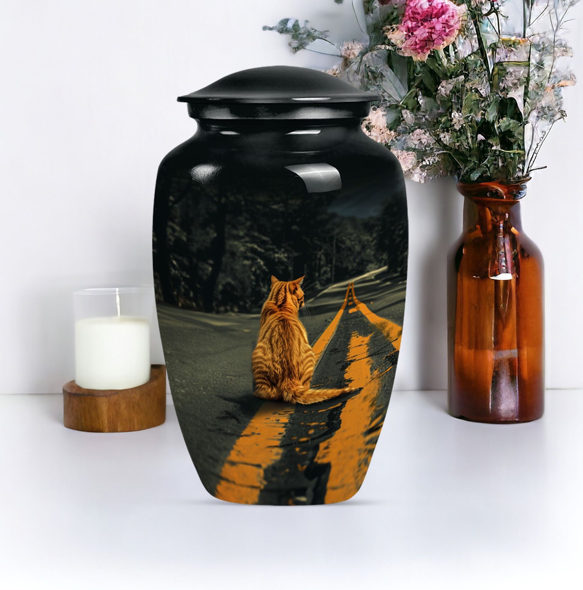 10-inch classic orange cat urn made of aluminium.