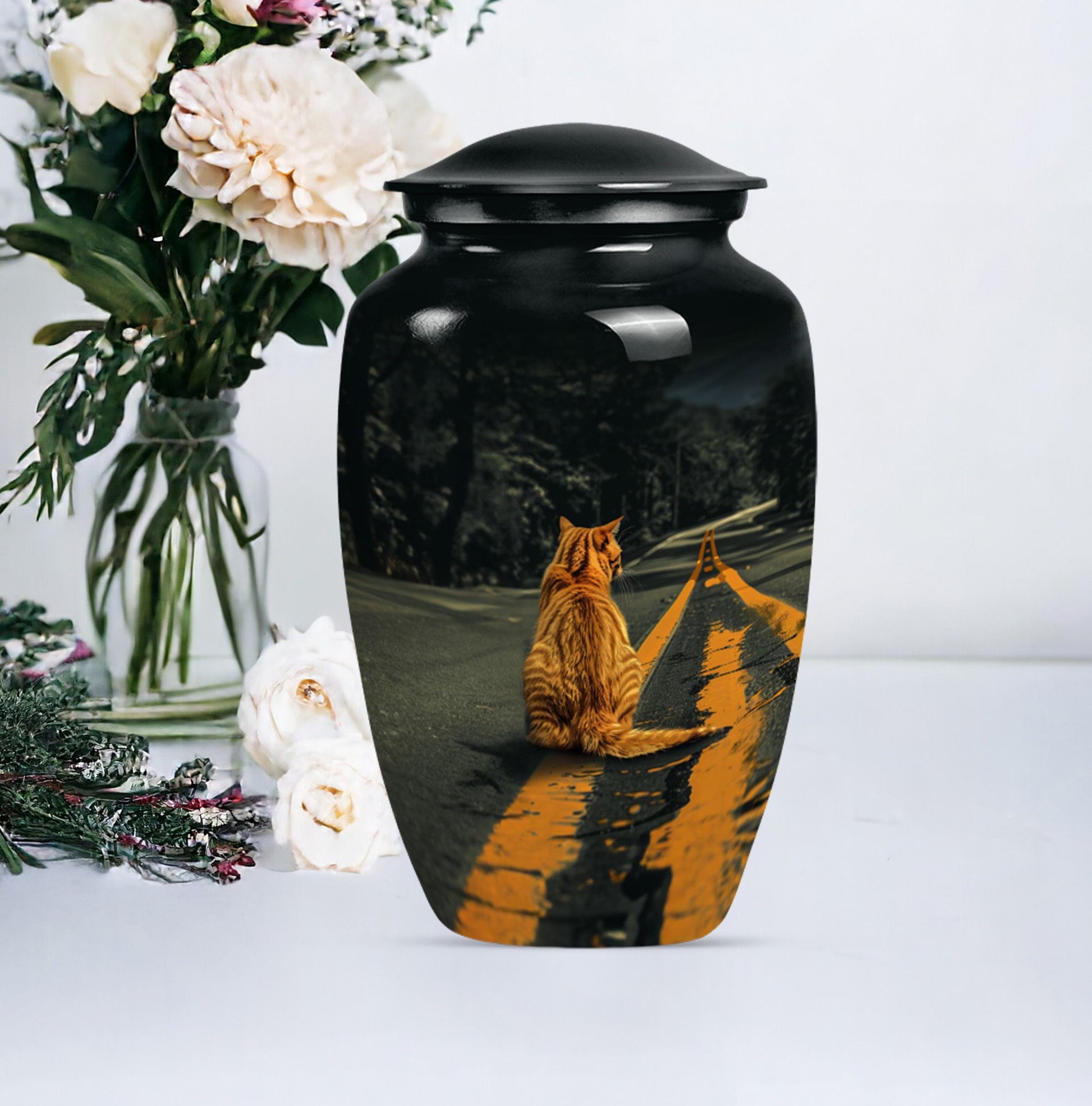 10-inch classic orange cat urn made of aluminium.