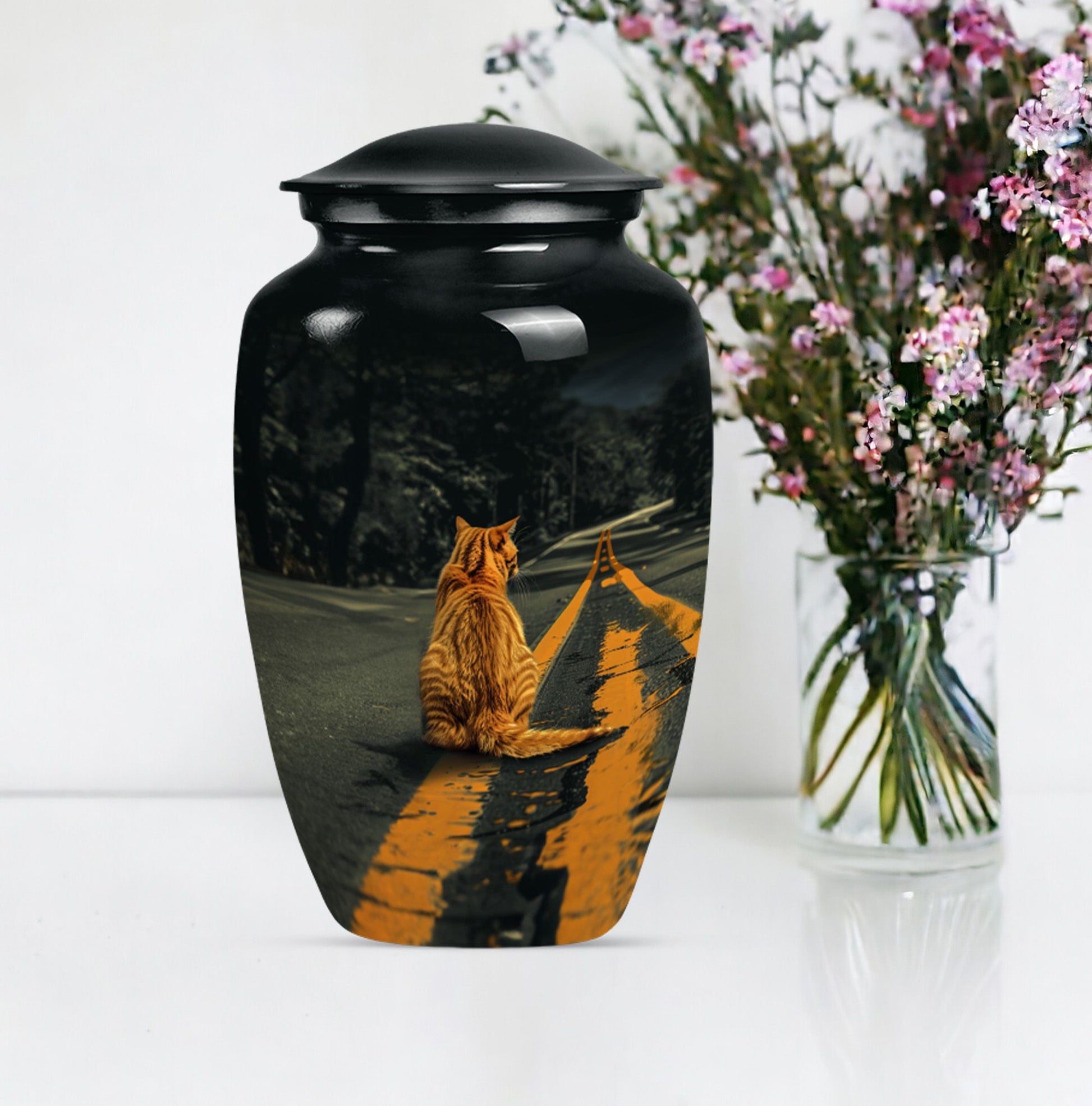 10-inch classic orange cat urn made of aluminium.