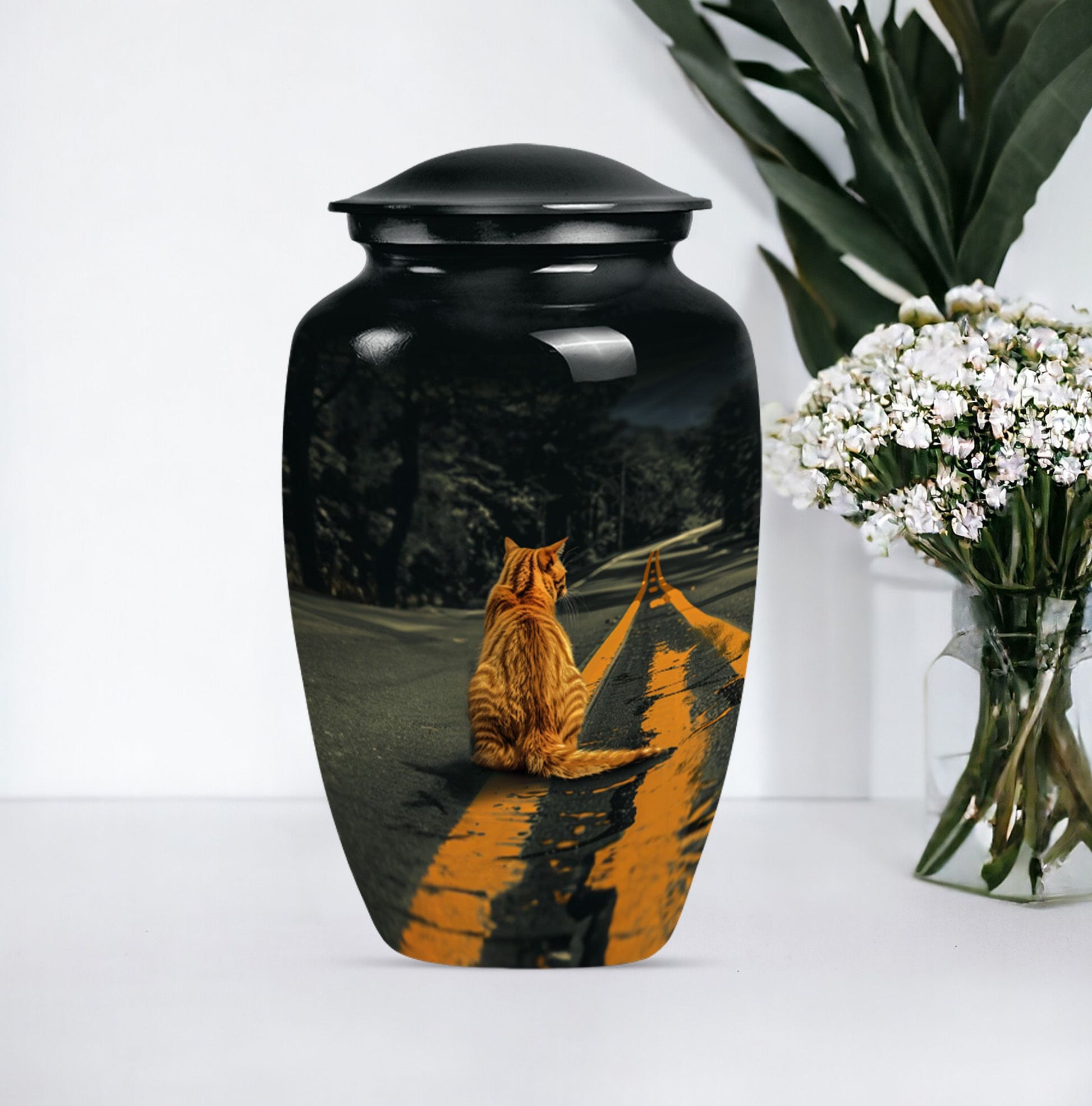 10-inch classic orange cat urn made of aluminium.